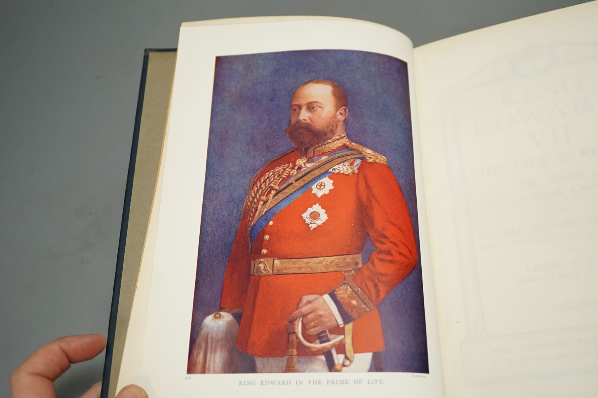 Sanderson, Edgar and Melville, Lewis - King Edward VII: his life and reign.... 6 vols, coloured frontispieces, num. photo and other plates; gilt and coloured pictorial and decorated cloth, roy. 8vo. 1910